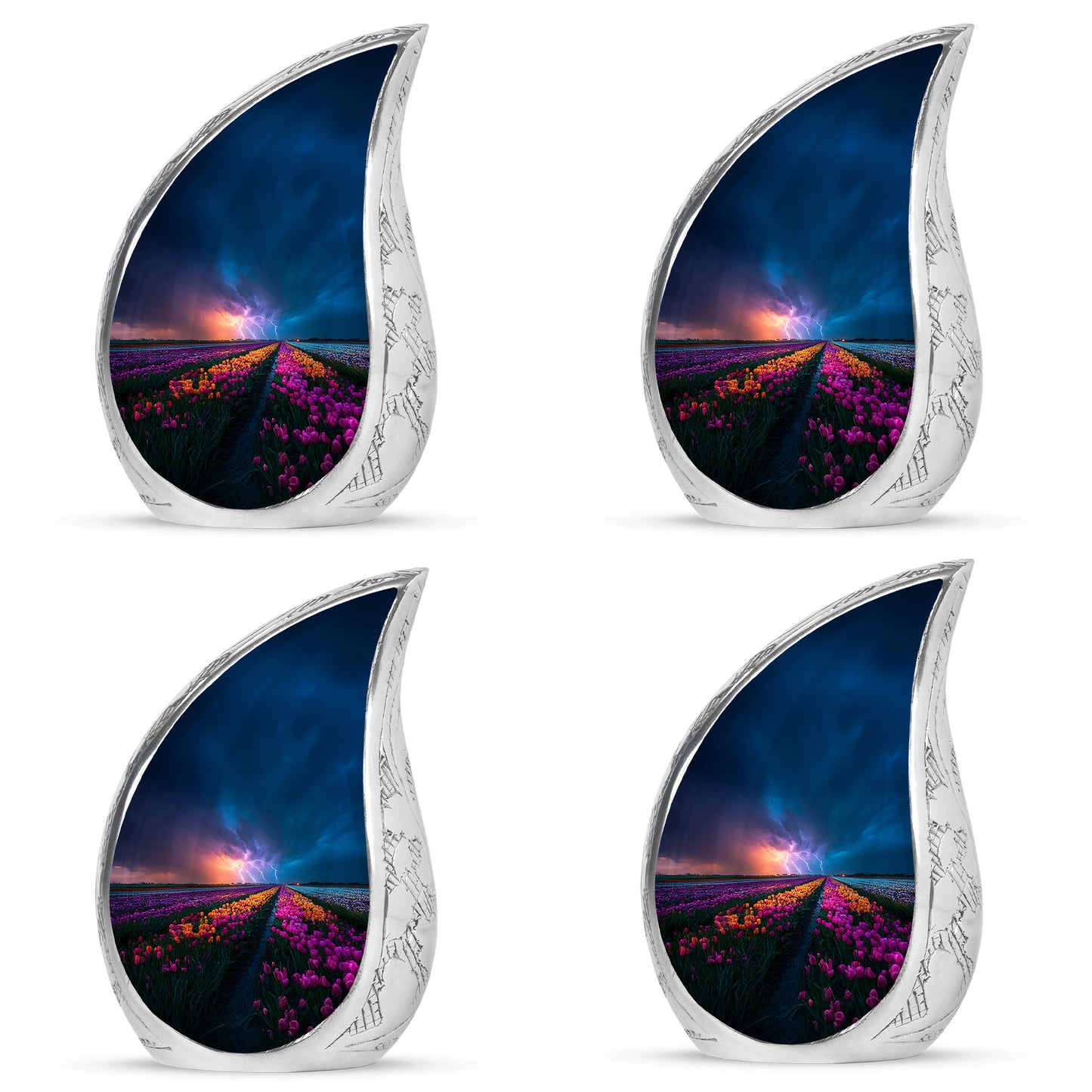 Dusty Blue Garden Tulip Cremation Urn close-up of engraving and surface detail - flowing teardrop garden tulip silhouette on curved aluminum - 10 inch aluminum urn for cremated remains