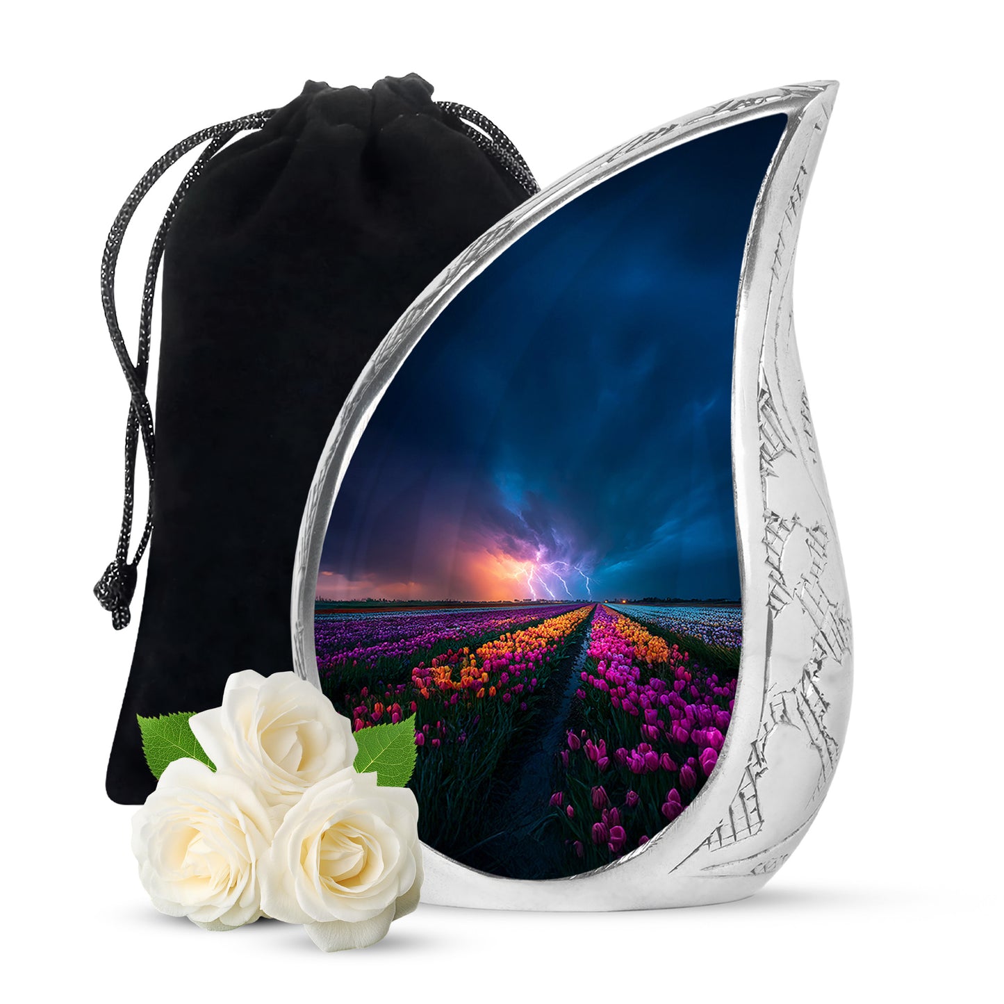 Royal Blue Garden Tulip Cremation Urn front view showing detailed design - smooth teardrop contour featuring garden tulip art - full-size 10 inch 200 cubic inch adult cremation urn