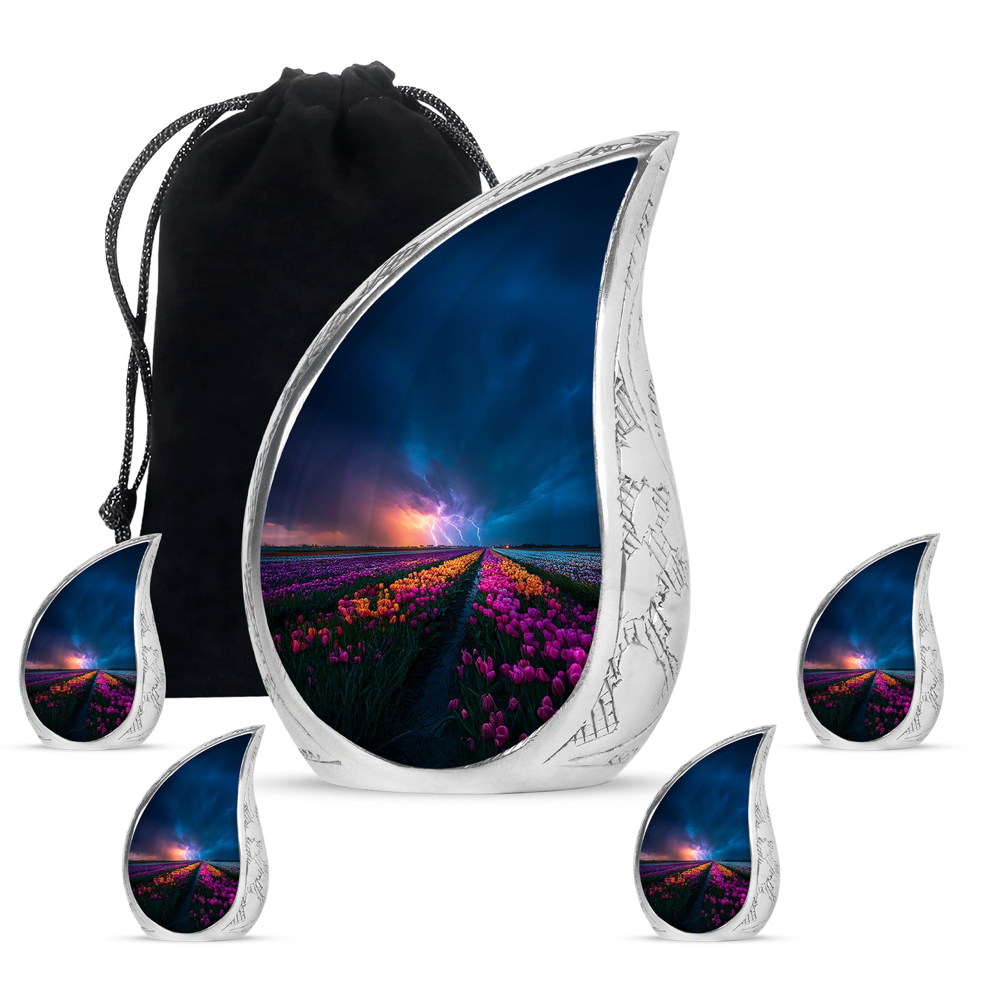 Twilight Blue Garden Tulip Cremation Urn side profile showing urn shape - smooth teardrop contour featuring garden tulip art - memorial set with one large and four small urns