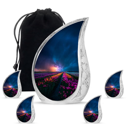Twilight Blue Garden Tulip Cremation Urn side profile showing urn shape - smooth teardrop contour featuring garden tulip art - memorial set with one large and four small urns