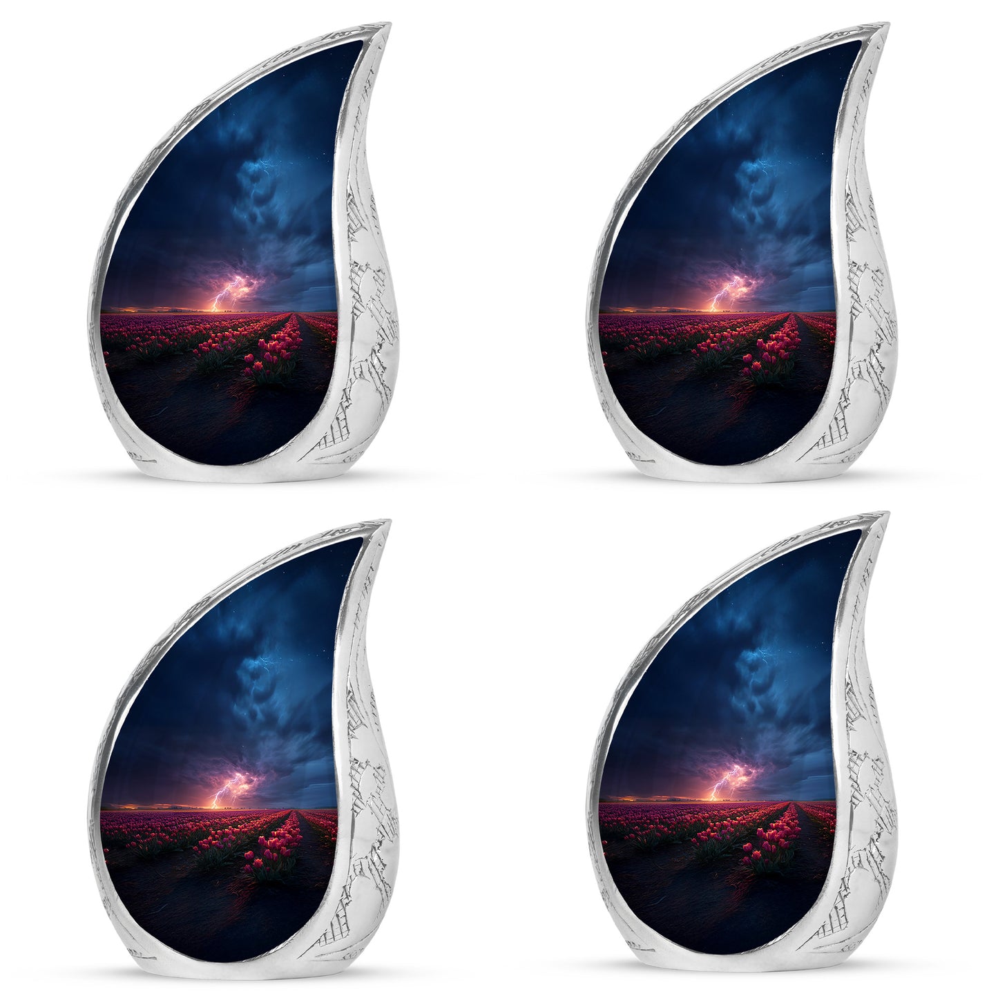 Bright Blue Garden Tulip Cremation Urn close-up of engraving and surface detail - smooth teardrop contour featuring garden tulip art - 10 inch aluminum urn for cremated remains