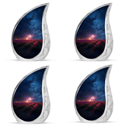 Bright Blue Garden Tulip Cremation Urn close-up of engraving and surface detail - smooth teardrop contour featuring garden tulip art - 10 inch aluminum urn for cremated remains