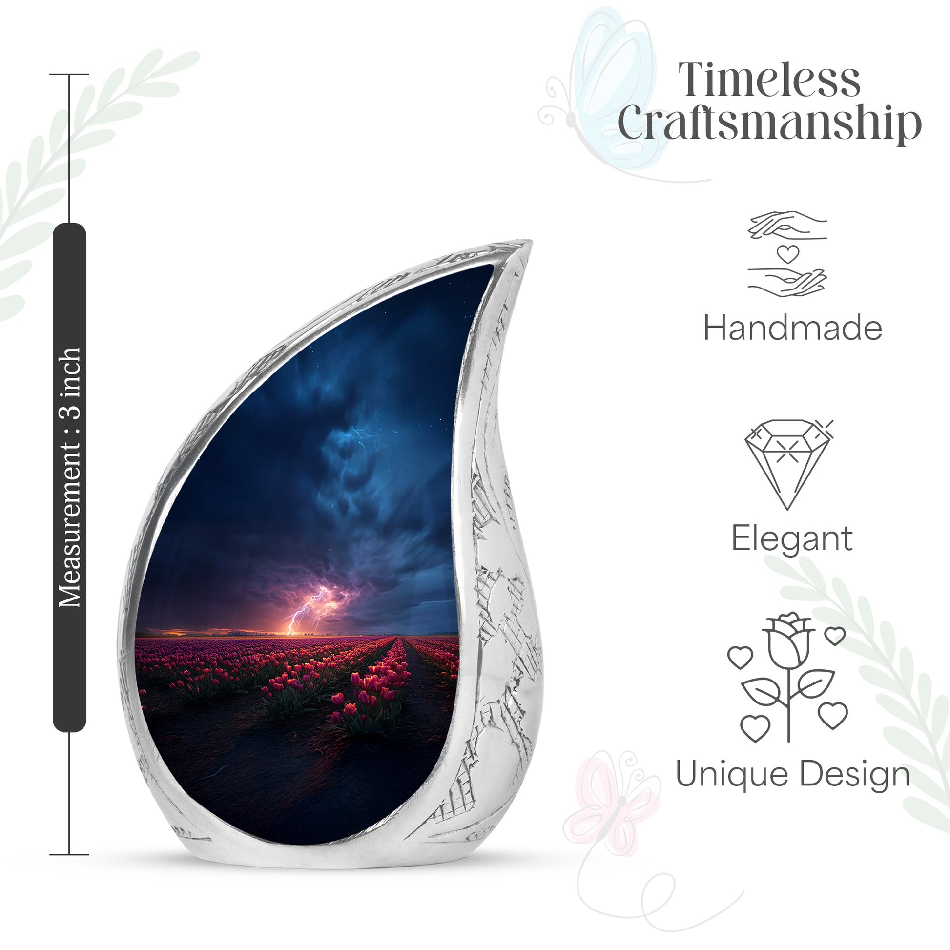 Serene Blue Garden Tulip Cremation Urn angled view of lid and engraved motif - graceful tear-shaped urn with garden tulip motif - mini keepsake memorial for portion of cremation ashes