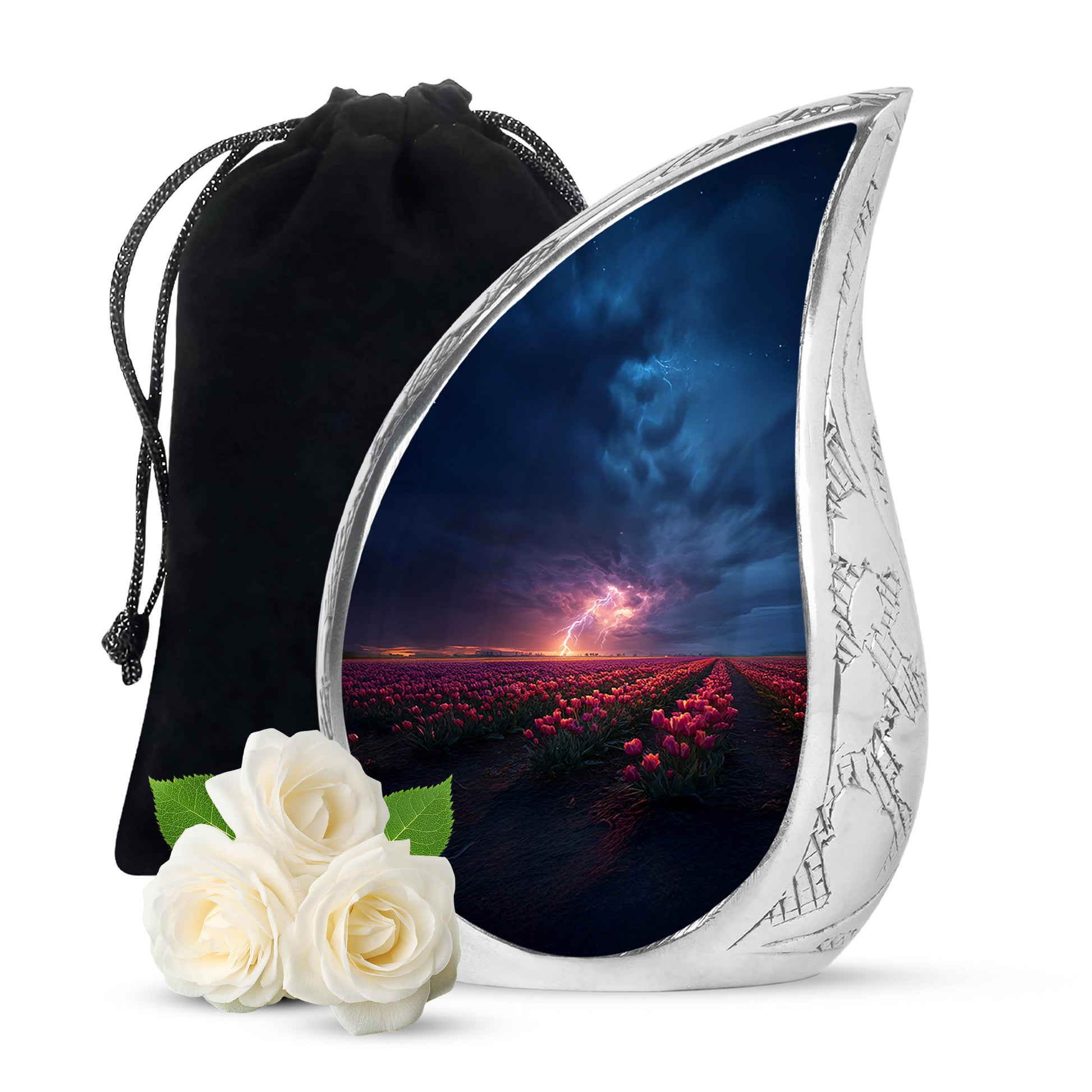 Vivid Blue Garden Tulip Cremation Urn front view showing detailed design - graceful tear-shaped urn with garden tulip motif - full-size 10 inch 200 cubic inch adult cremation urn