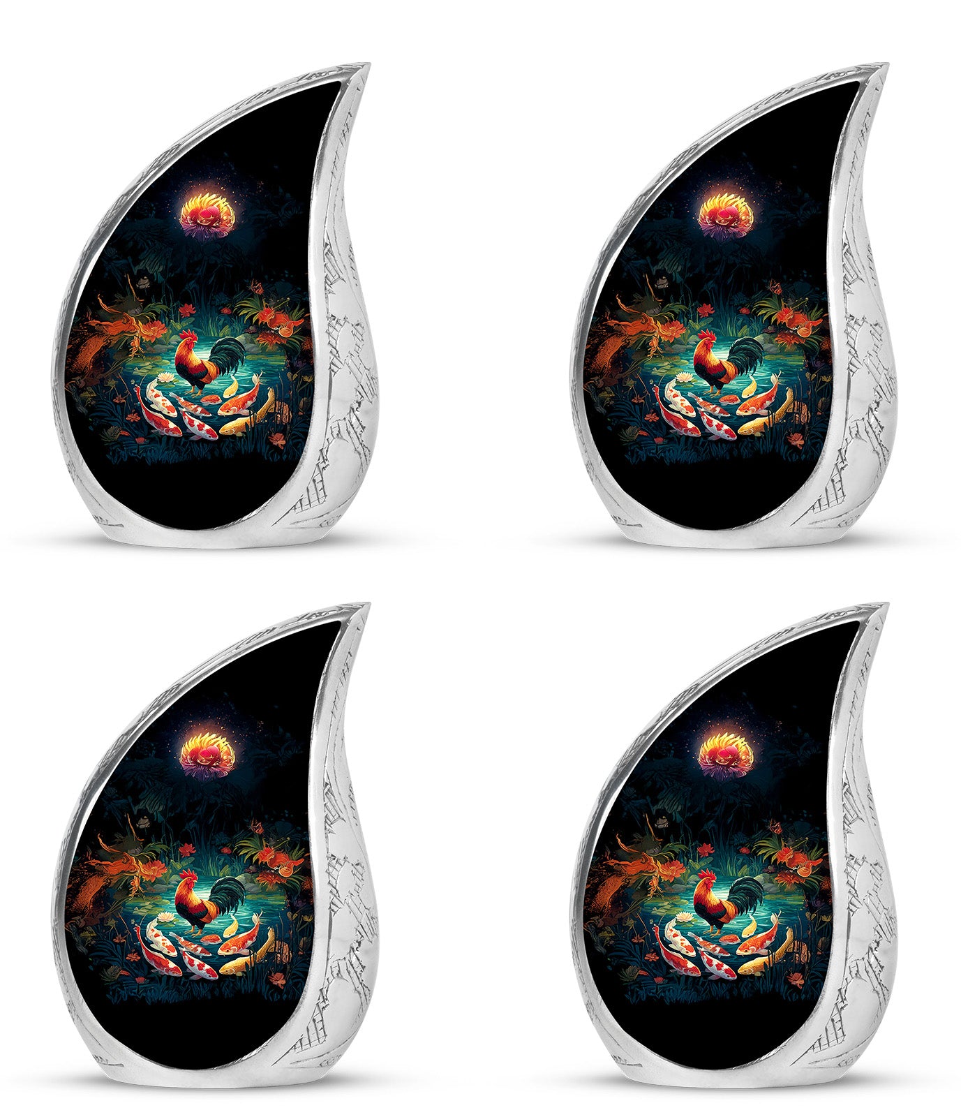 Glossy Black Hen Cremation Urn close-up of engraving and surface detail - rounded teardrop hen design with delicate detail - 10 inch aluminum urn for cremated remains