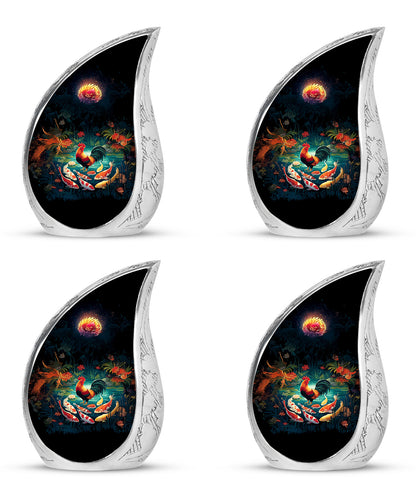 Glossy Black Hen Cremation Urn close-up of engraving and surface detail - rounded teardrop hen design with delicate detail - 10 inch aluminum urn for cremated remains