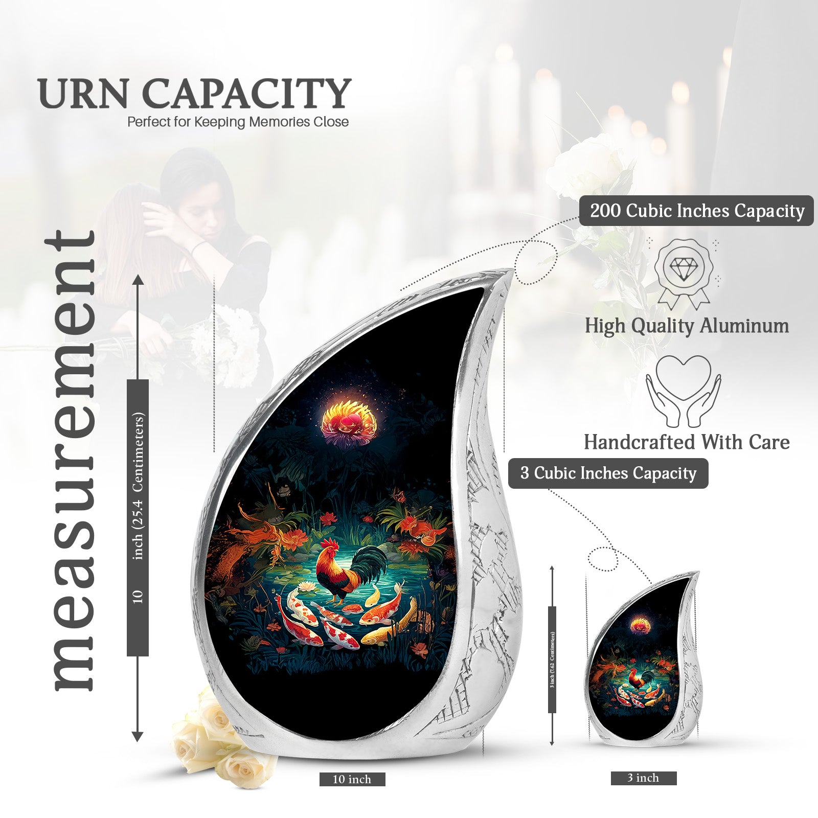 Rich Black Hen Cremation Urn angled view of lid and engraved motif - flowing teardrop hen silhouette on curved aluminum - mini keepsake memorial for portion of cremation ashes