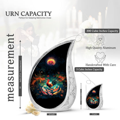 Rich Black Hen Cremation Urn angled view of lid and engraved motif - flowing teardrop hen silhouette on curved aluminum - mini keepsake memorial for portion of cremation ashes