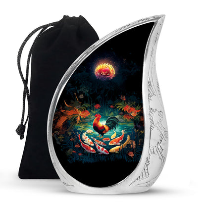 Jet Black Hen Cremation Urn front view showing detailed design - flowing teardrop hen silhouette on curved aluminum - full-size 10 inch 200 cubic inch adult cremation urn