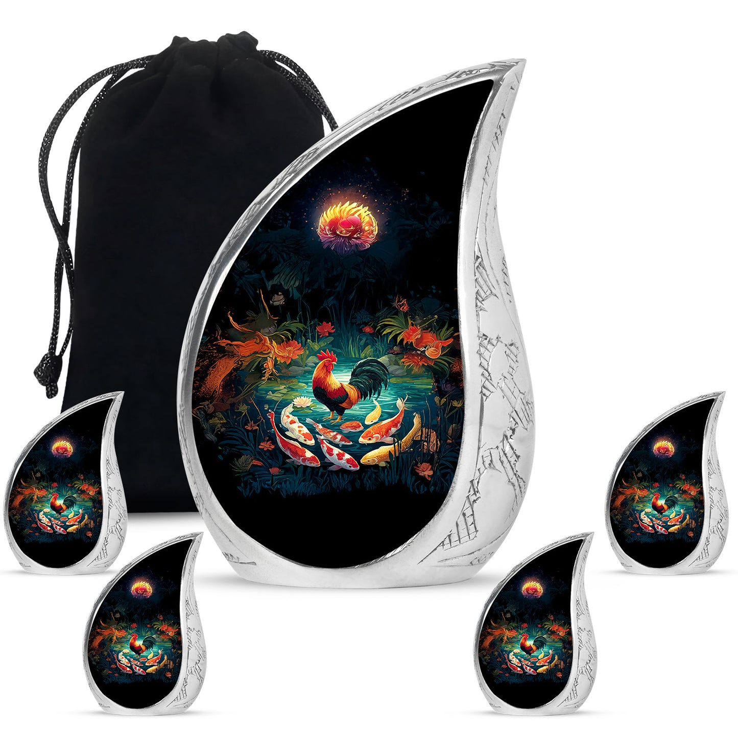 Rich Black Hen Cremation Urn side profile showing urn shape - rounded teardrop hen design with delicate detail - memorial set with one large and four small urns