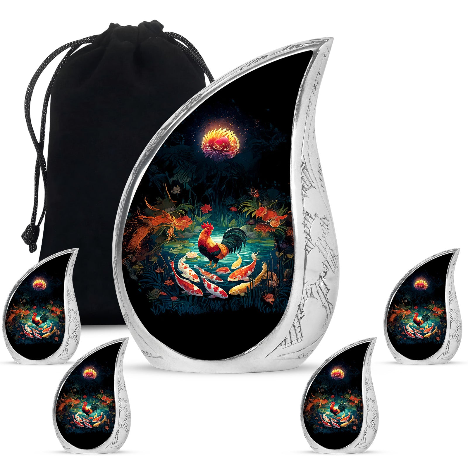 Rich Black Hen Cremation Urn side profile showing urn shape - rounded teardrop hen design with delicate detail - memorial set with one large and four small urns