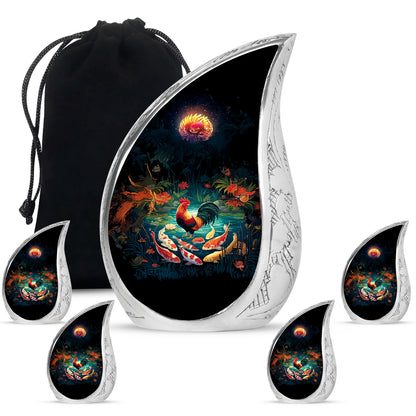 Rich Black Hen Cremation Urn side profile showing urn shape - rounded teardrop hen design with delicate detail - memorial set with one large and four small urns
