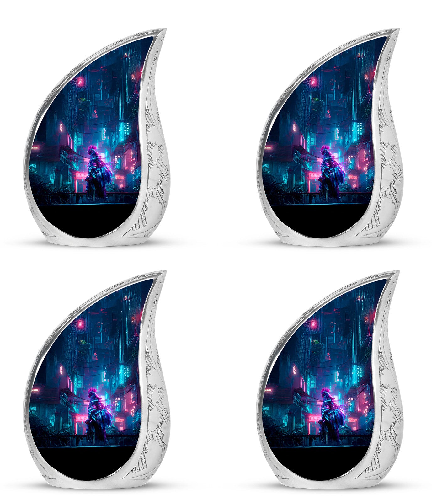 Serene Blue Hen Cremation Urn close-up of engraving and surface detail - smooth teardrop contour featuring hen art - 10 inch aluminum urn for cremated remains