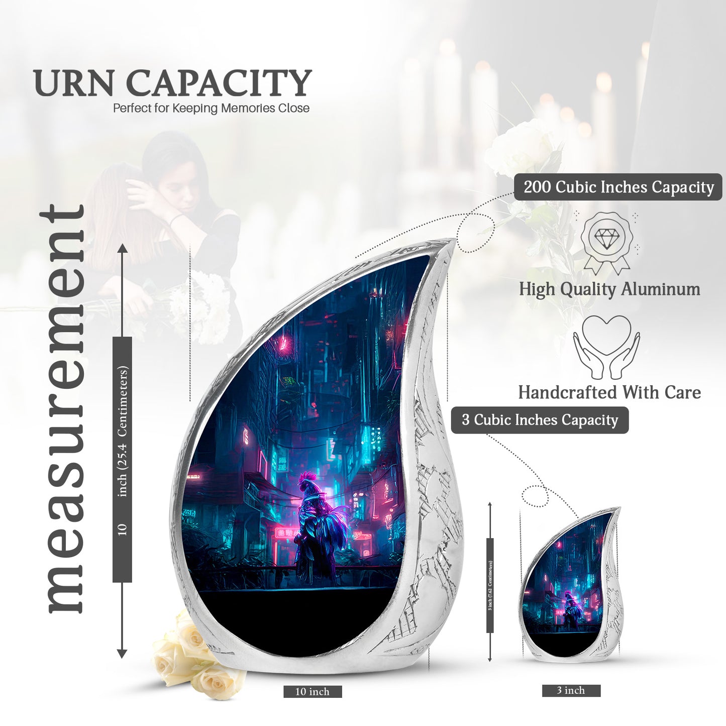 Pastel Blue Hen Cremation Urn angled view of lid and engraved motif - flowing teardrop hen silhouette on curved aluminum - mini keepsake memorial for portion of cremation ashes