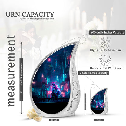 Pastel Blue Hen Cremation Urn angled view of lid and engraved motif - flowing teardrop hen silhouette on curved aluminum - mini keepsake memorial for portion of cremation ashes