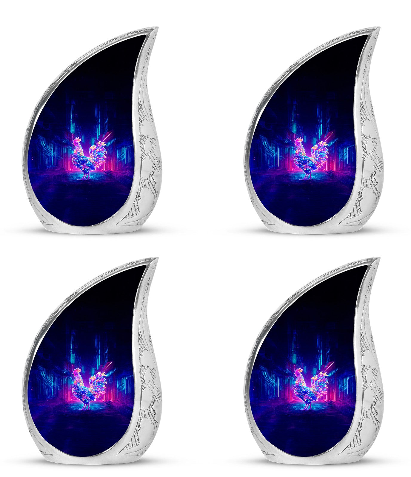 Calming Blue Hen Cremation Urn close-up of engraving and surface detail - smooth teardrop contour featuring hen art - 10 inch aluminum urn for cremated remains