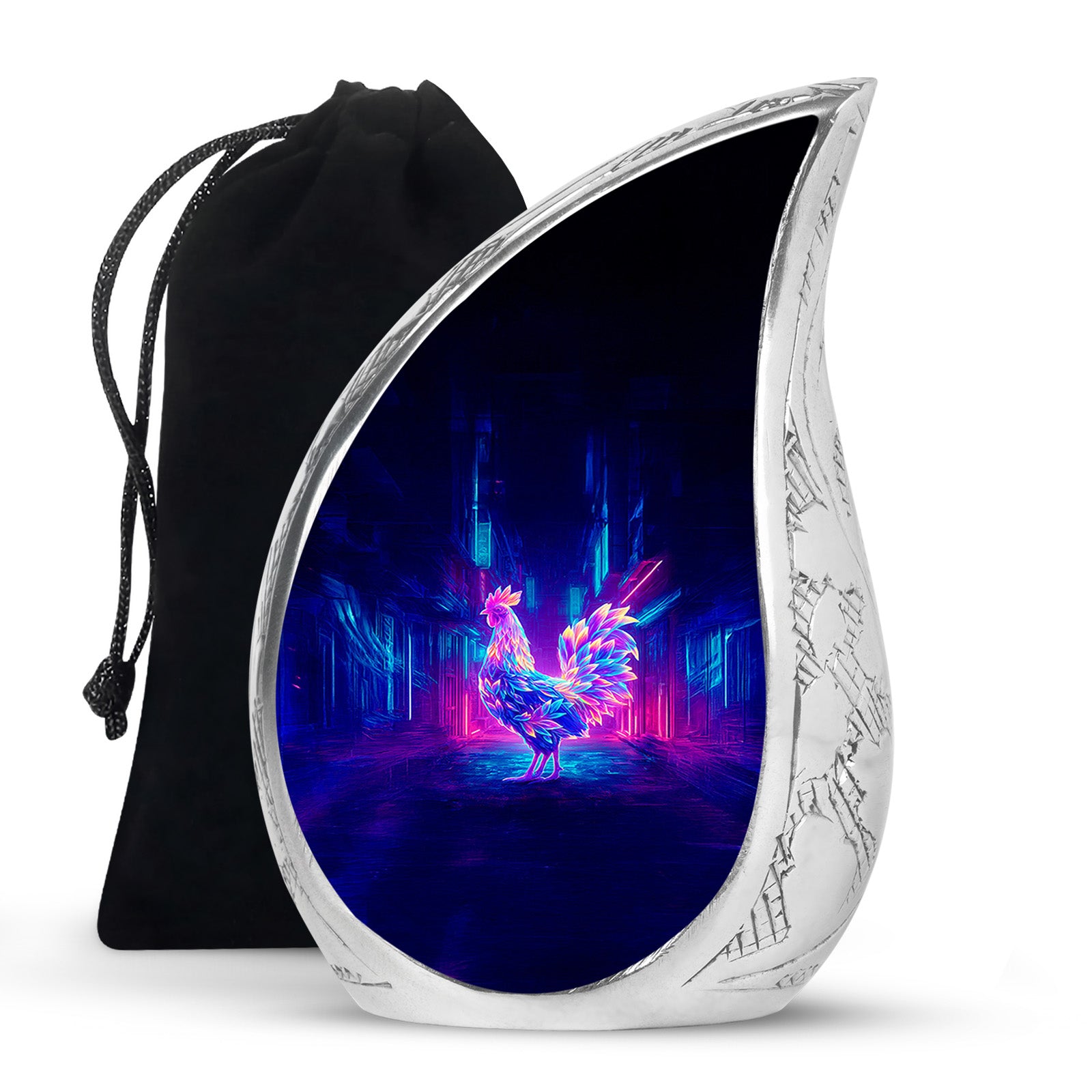Dusty Blue Hen Cremation Urn front view showing detailed design - flowing teardrop hen silhouette on curved aluminum - full-size 10 inch 200 cubic inch adult cremation urn