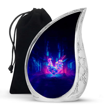 Dusty Blue Hen Cremation Urn front view showing detailed design - flowing teardrop hen silhouette on curved aluminum - full-size 10 inch 200 cubic inch adult cremation urn
