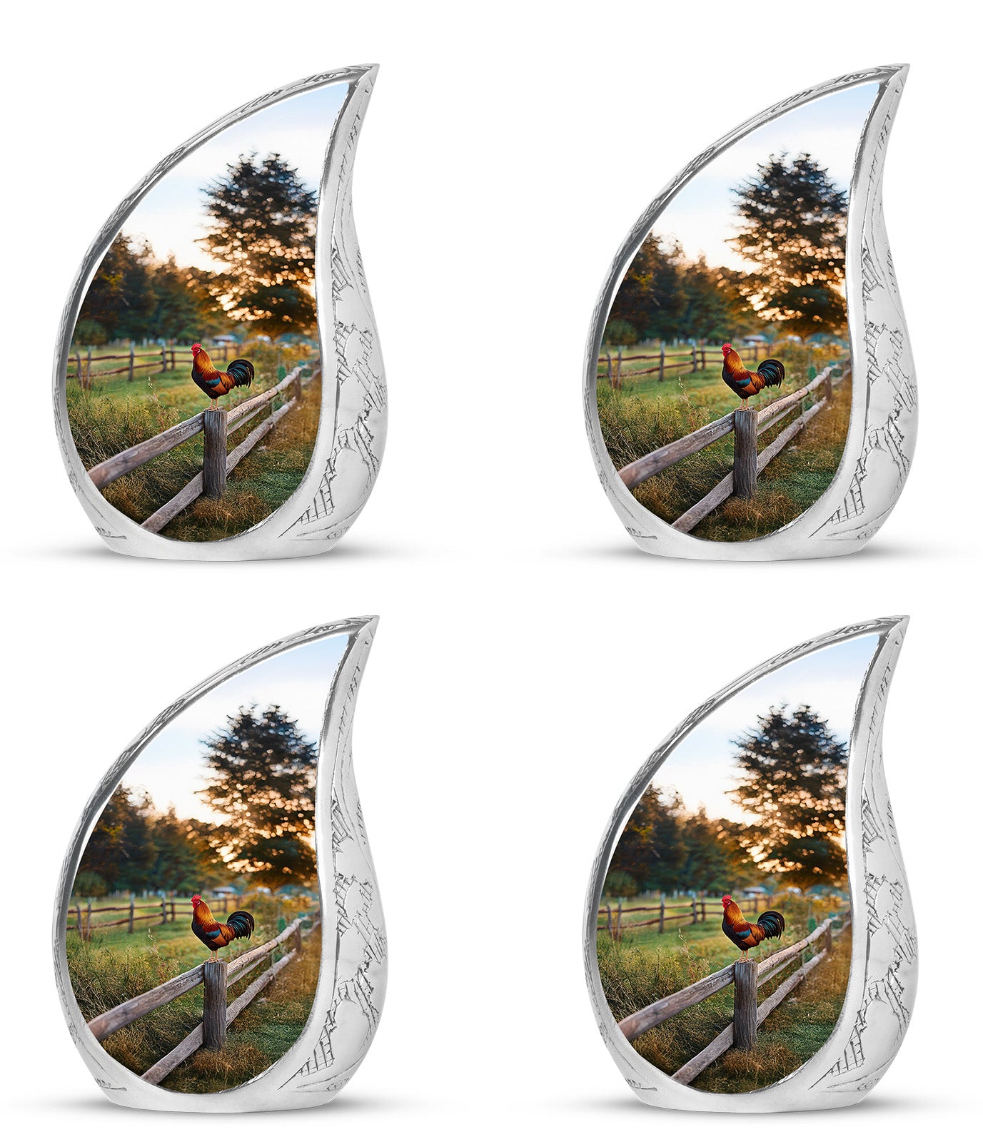 Amber Gold Hen Cremation Urn close-up of engraving and surface detail - rounded teardrop hen design with delicate detail - 10 inch aluminum urn for cremated remains