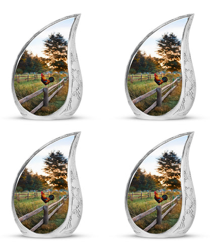Amber Gold Hen Cremation Urn close-up of engraving and surface detail - rounded teardrop hen design with delicate detail - 10 inch aluminum urn for cremated remains