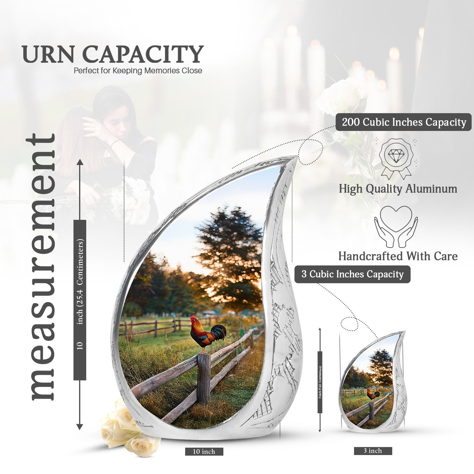 Amber Gold Hen Cremation Urn angled view of lid and engraved motif - flowing teardrop hen silhouette on curved aluminum - mini keepsake memorial for portion of cremation ashes