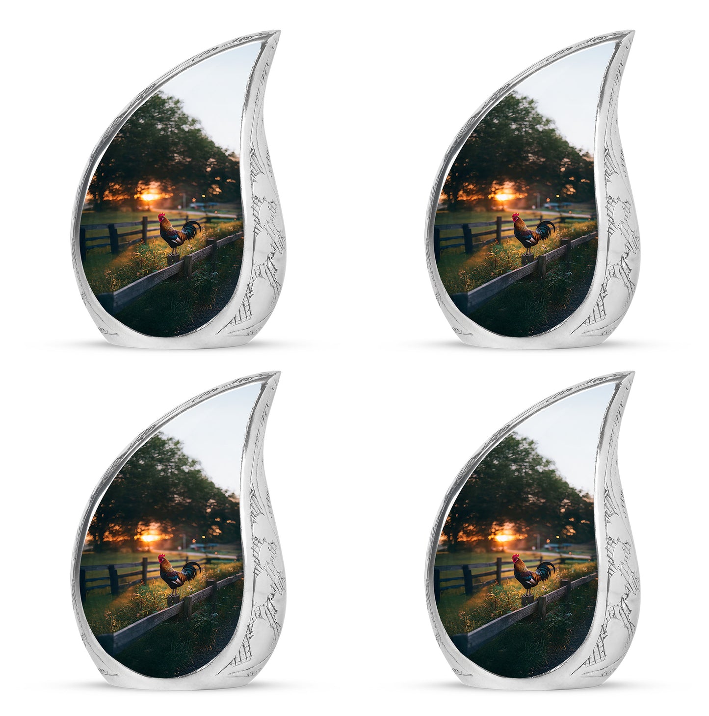 Onyx Black Hen Cremation Urn close-up of engraving and surface detail - graceful tear-shaped urn with hen motif - 10 inch aluminum urn for cremated remains