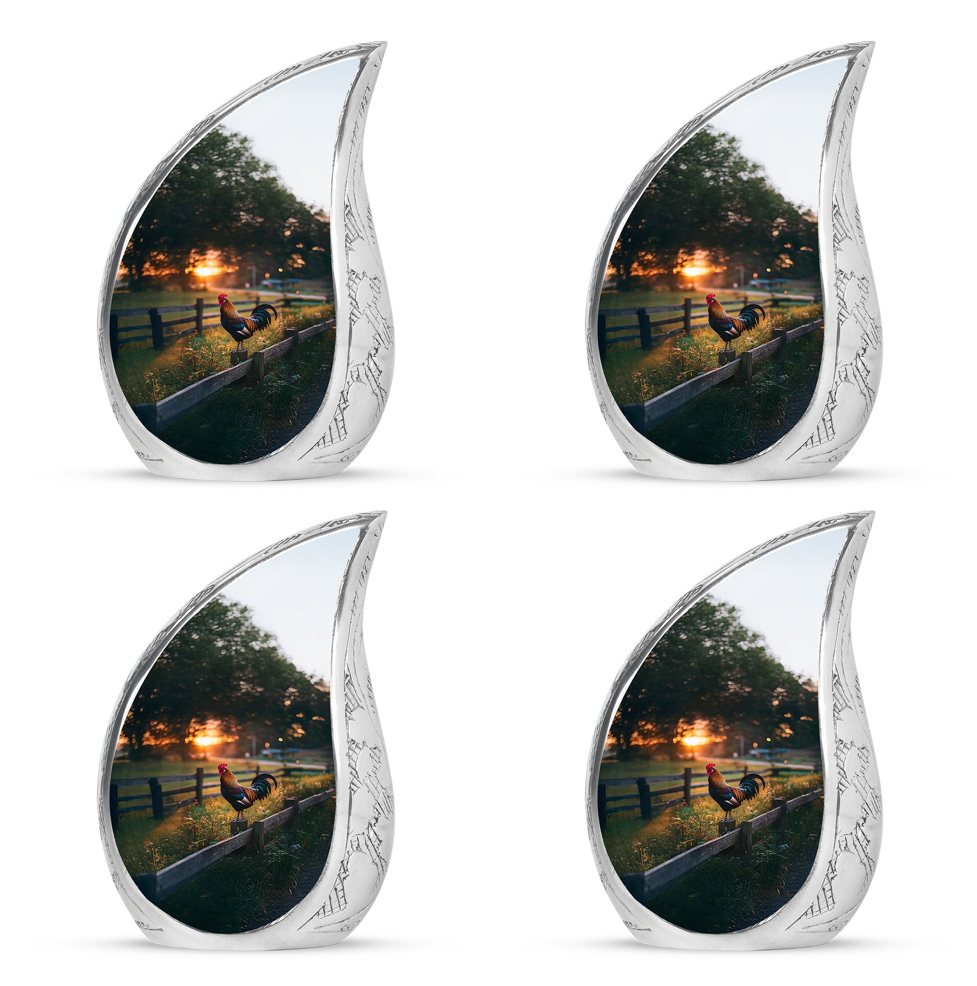 Onyx Black Hen Cremation Urn close-up of engraving and surface detail - graceful tear-shaped urn with hen motif - 10 inch aluminum urn for cremated remains
