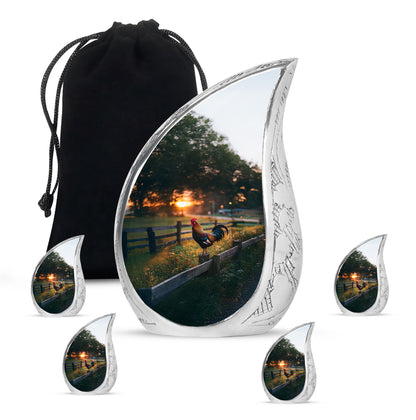 Midnight Black Hen Cremation Urn side profile showing urn shape - graceful tear-shaped urn with hen motif - memorial set with one large and four small urns