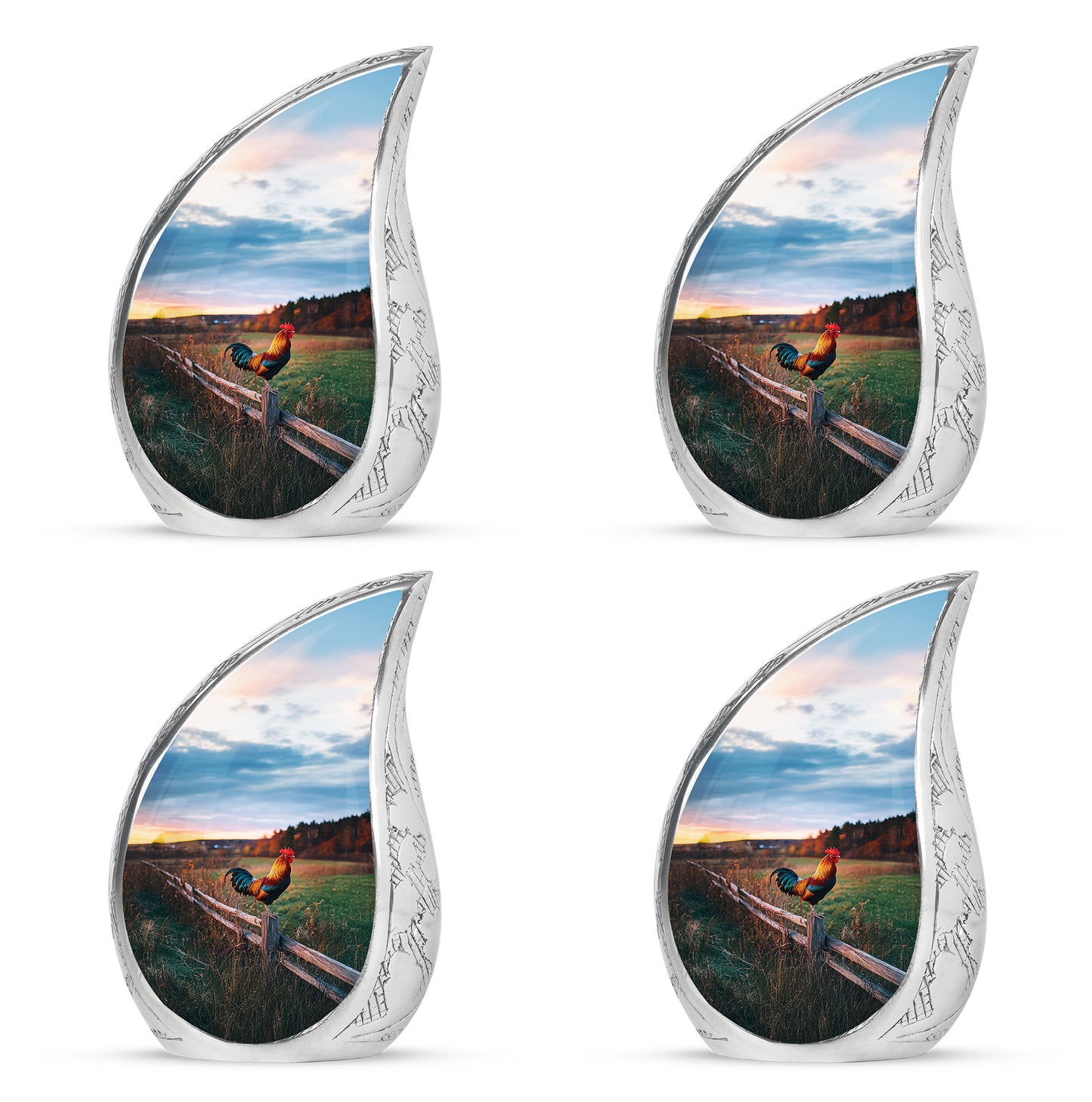 Indigo Hen Cremation Urn close-up of engraving and surface detail - rounded teardrop hen design with delicate detail - 10 inch aluminum urn for cremated remains