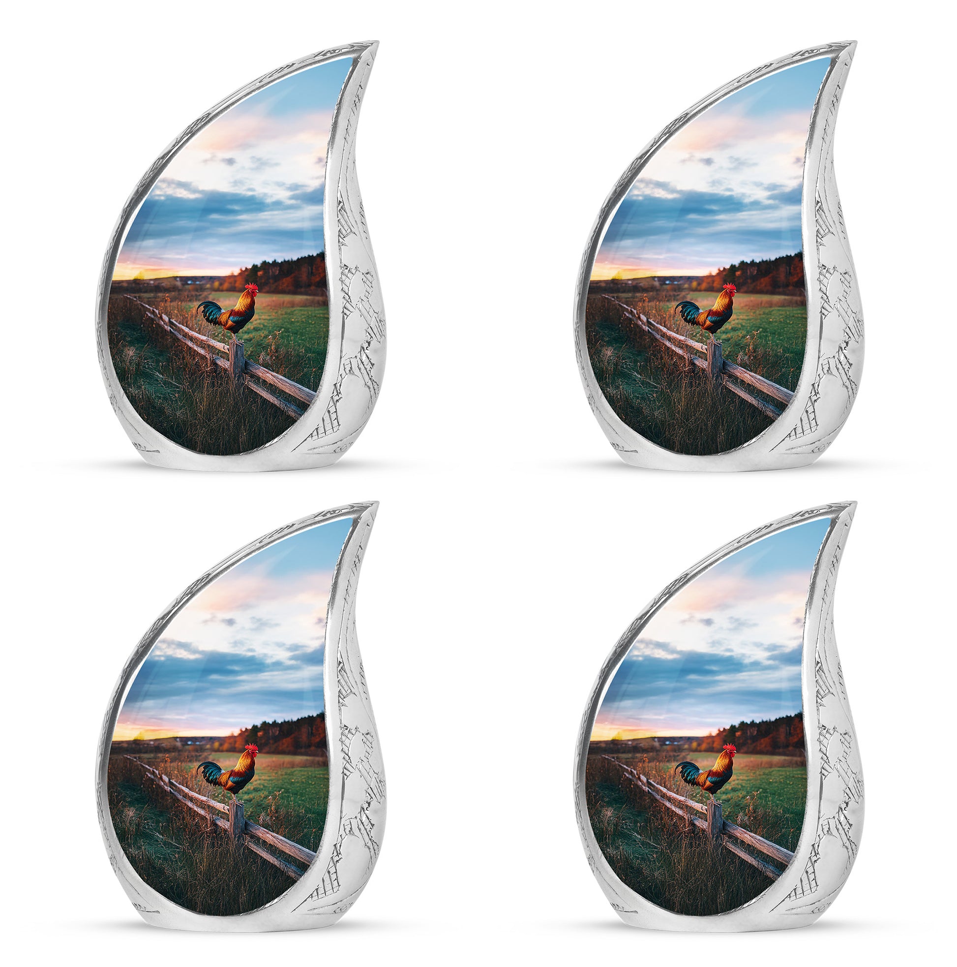 Indigo Hen Cremation Urn close-up of engraving and surface detail - rounded teardrop hen design with delicate detail - 10 inch aluminum urn for cremated remains
