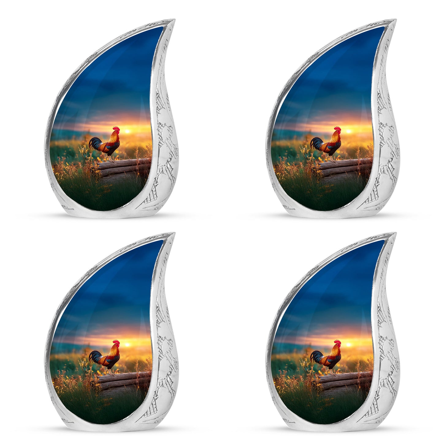 Indigo Hen Cremation Urn close-up of engraving and surface detail - flowing teardrop hen silhouette on curved aluminum - 10 inch aluminum urn for cremated remains