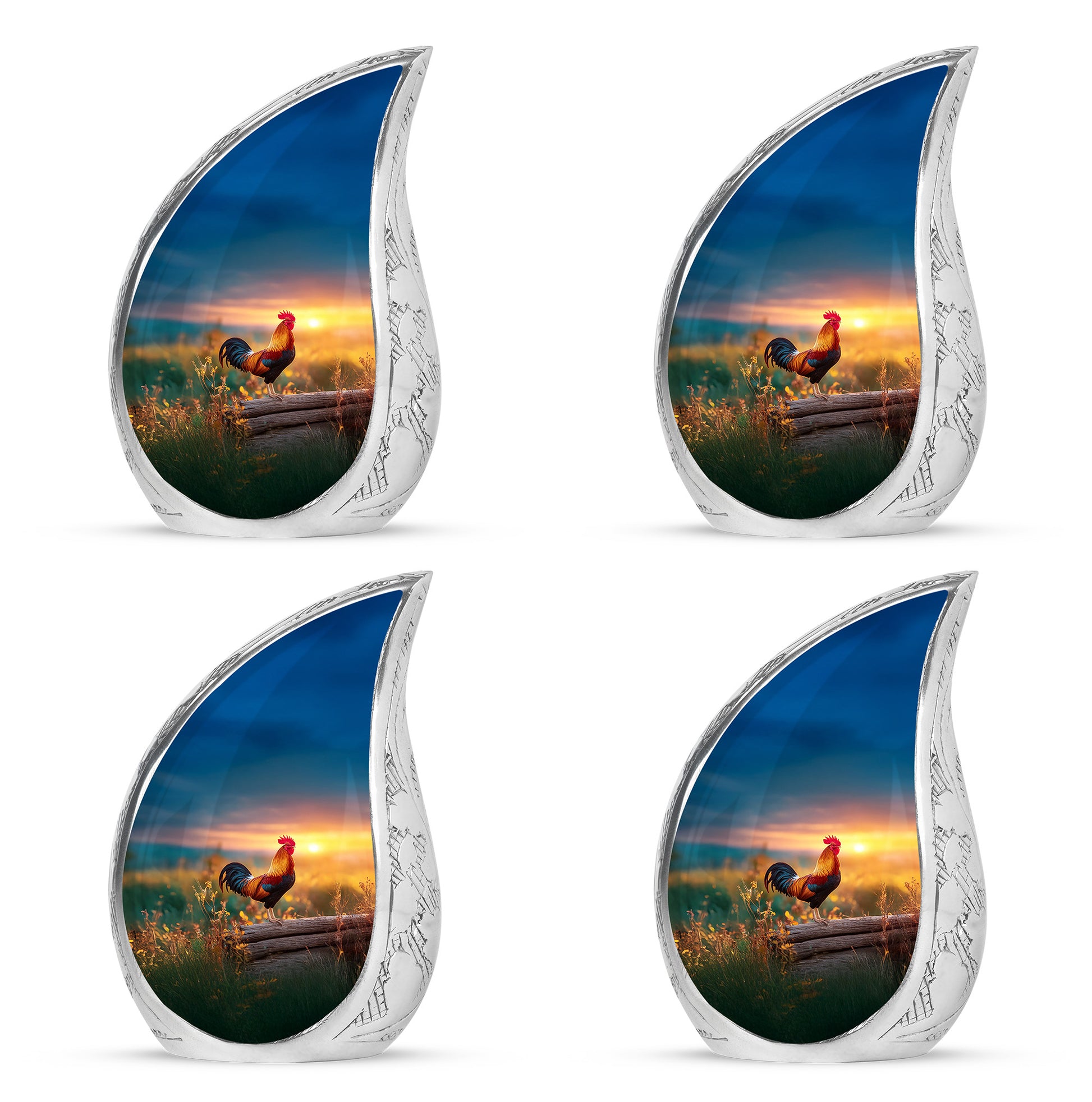 Indigo Hen Cremation Urn close-up of engraving and surface detail - flowing teardrop hen silhouette on curved aluminum - 10 inch aluminum urn for cremated remains