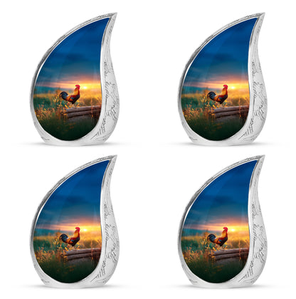 Indigo Hen Cremation Urn close-up of engraving and surface detail - flowing teardrop hen silhouette on curved aluminum - 10 inch aluminum urn for cremated remains