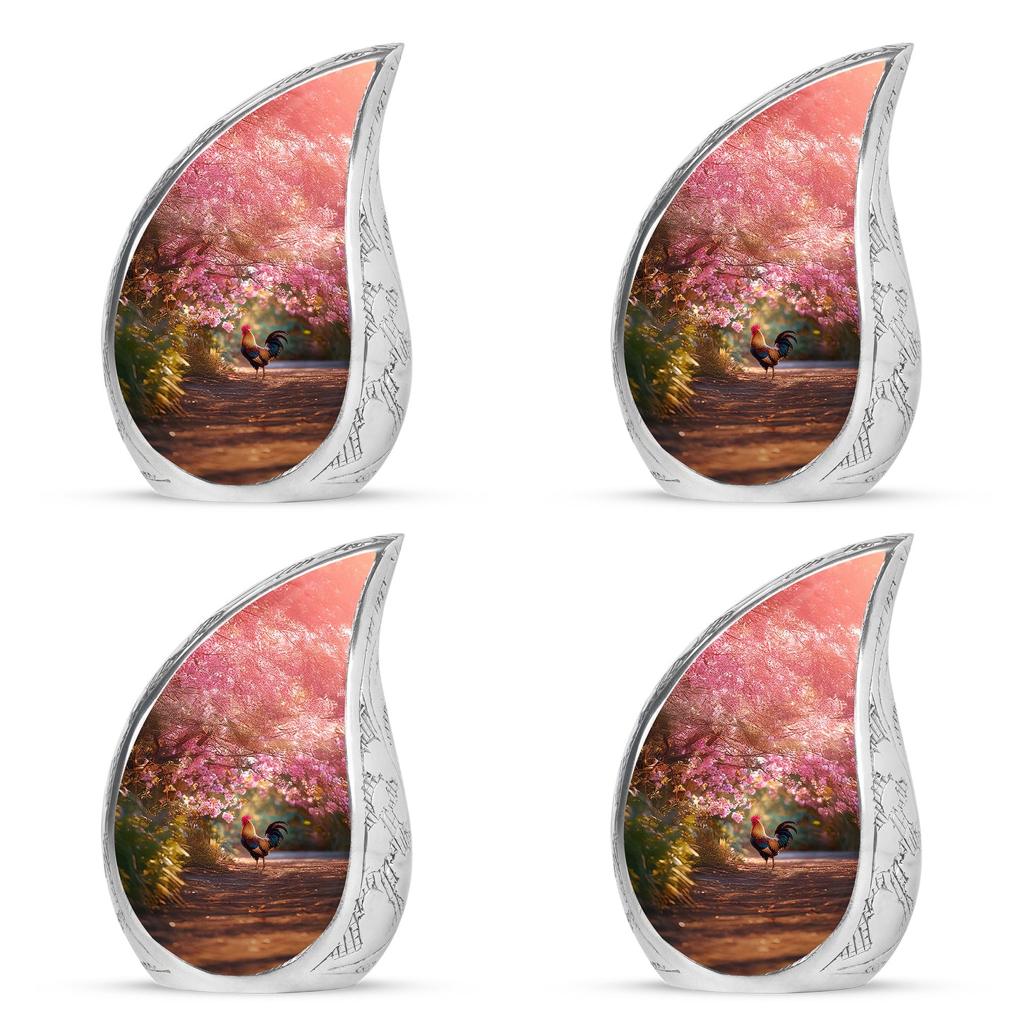 Wine Red Hen Cremation Urn close-up of engraving and surface detail - rounded teardrop hen design with delicate detail - 10 inch aluminum urn for cremated remains