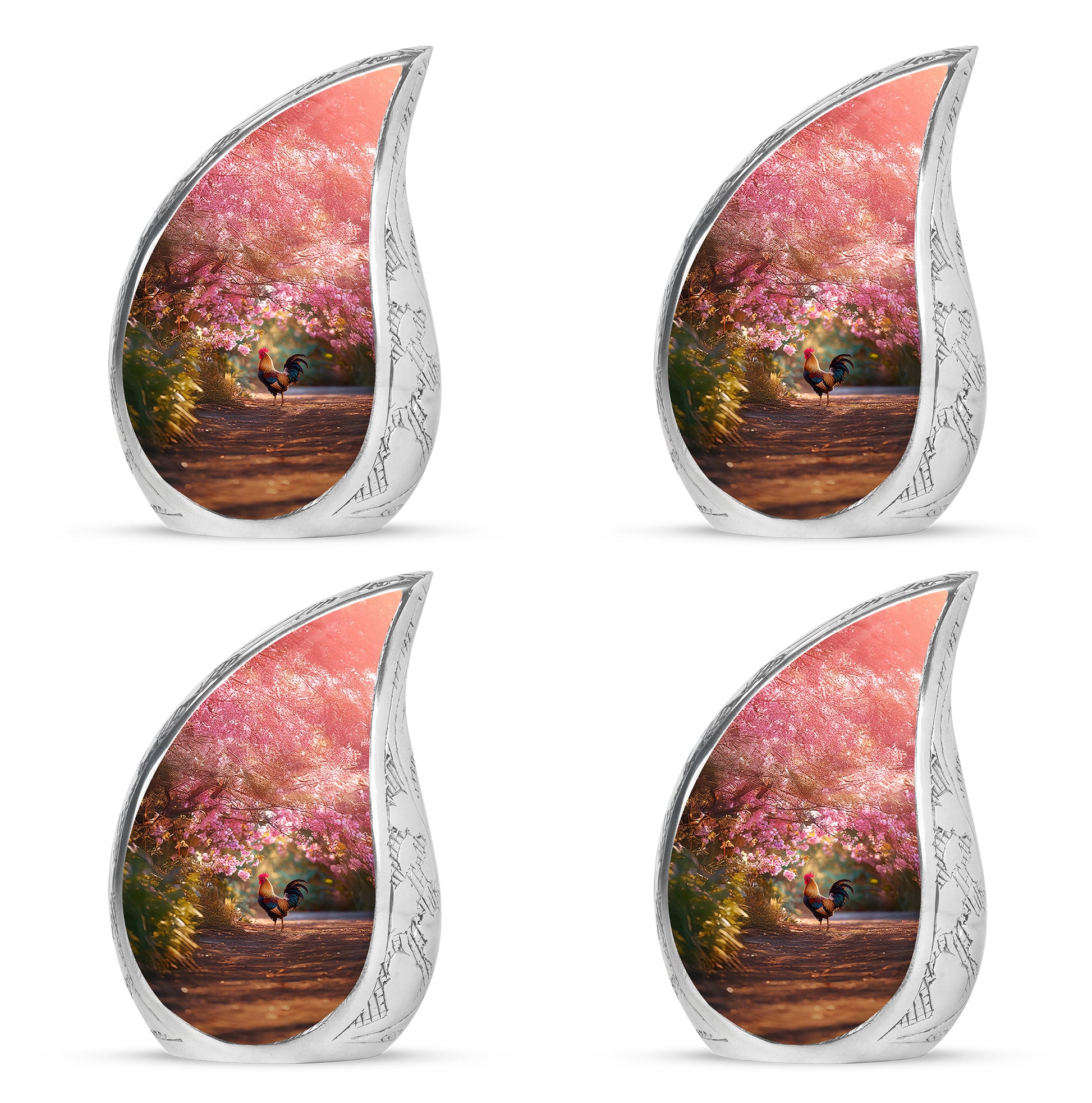 Wine Red Hen Cremation Urn close-up of engraving and surface detail - rounded teardrop hen design with delicate detail - 10 inch aluminum urn for cremated remains
