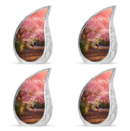 Wine Red Hen Cremation Urn close-up of engraving and surface detail - rounded teardrop hen design with delicate detail - 10 inch aluminum urn for cremated remains