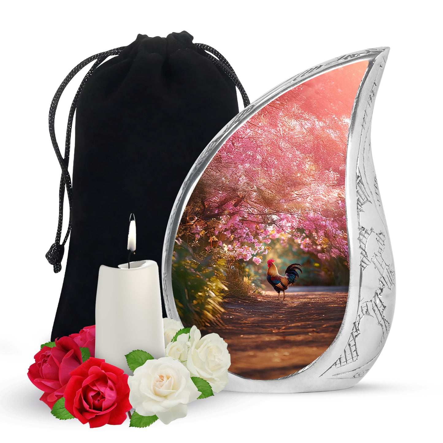 Rich Red Hen Cremation Urn front view showing detailed design - graceful tear-shaped urn with hen motif - full-size 10 inch 200 cubic inch adult cremation urn