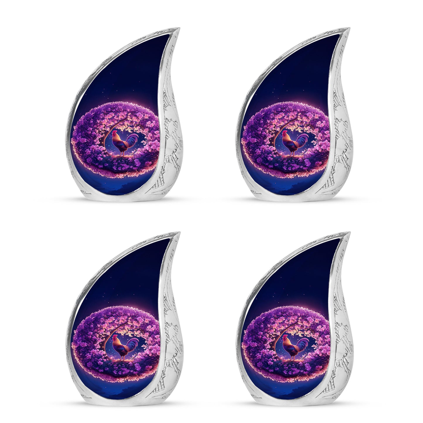 Petal Pink Hen Cremation Urn close-up of engraving and surface detail - graceful tear-shaped urn with hen motif - 10 inch aluminum urn for cremated remains