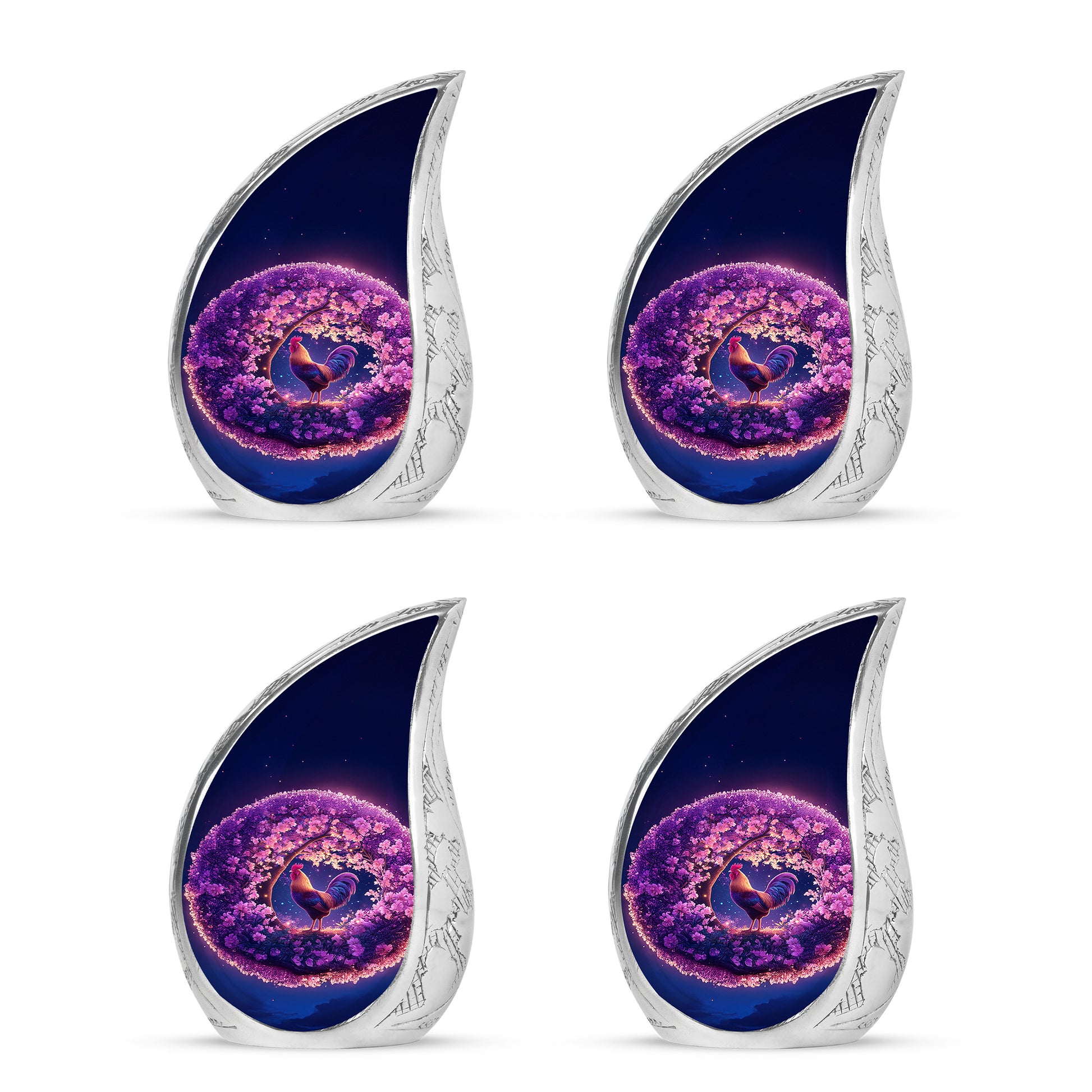 Petal Pink Hen Cremation Urn close-up of engraving and surface detail - graceful tear-shaped urn with hen motif - 10 inch aluminum urn for cremated remains