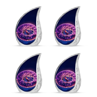 Petal Pink Hen Cremation Urn close-up of engraving and surface detail - graceful tear-shaped urn with hen motif - 10 inch aluminum urn for cremated remains