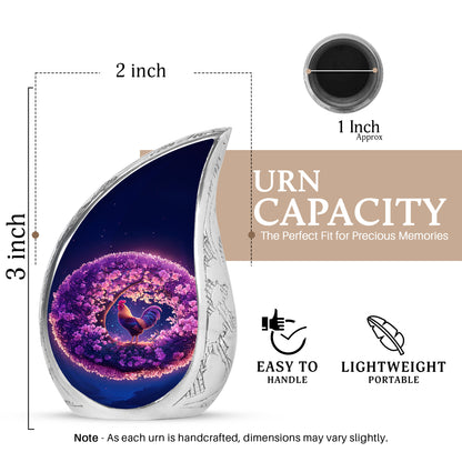 Dusty Pink Hen Cremation Urn angled view of lid and engraved motif - smooth teardrop contour featuring hen art - mini keepsake memorial for portion of cremation ashes