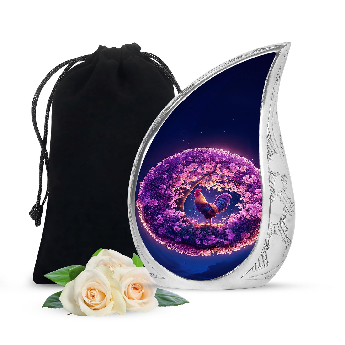 Dusty Pink Hen Cremation Urn front view showing detailed design - graceful tear-shaped urn with hen motif - full-size 10 inch 200 cubic inch adult cremation urn