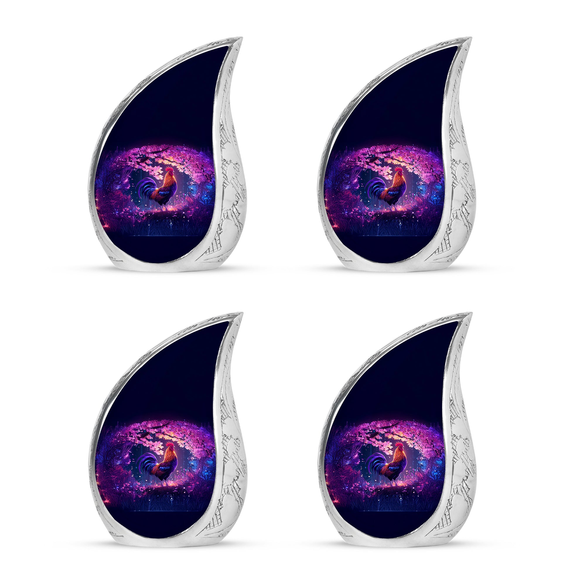 Twilight Purple Hen Cremation Urn close-up of engraving and surface detail - smooth teardrop contour featuring hen art - 10 inch aluminum urn for cremated remains