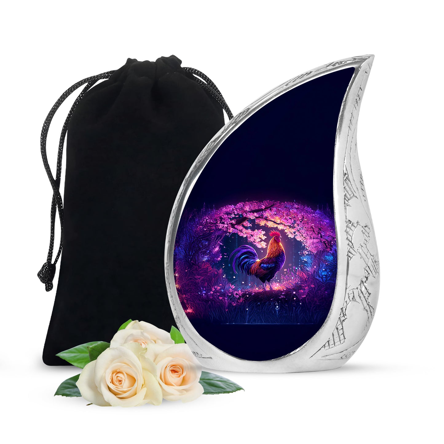 Majestic Purple Hen Cremation Urn front view showing detailed design - flowing teardrop hen silhouette on curved aluminum - full-size 10 inch 200 cubic inch adult cremation urn