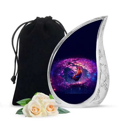 Majestic Purple Hen Cremation Urn front view showing detailed design - flowing teardrop hen silhouette on curved aluminum - full-size 10 inch 200 cubic inch adult cremation urn