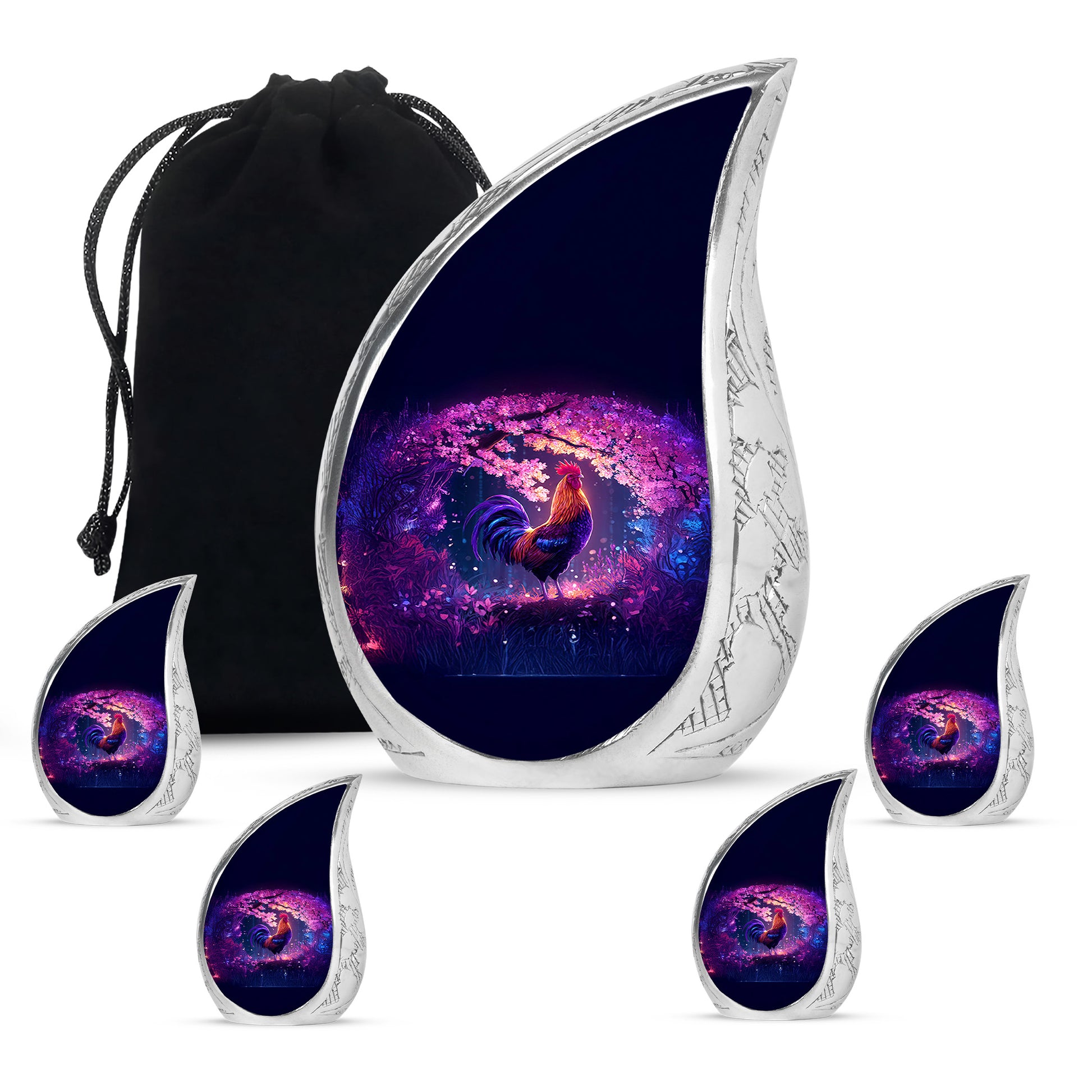 Majestic Purple Hen Cremation Urn side profile showing urn shape - rounded teardrop hen design with delicate detail - memorial set with one large and four small urns