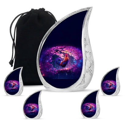 Majestic Purple Hen Cremation Urn side profile showing urn shape - rounded teardrop hen design with delicate detail - memorial set with one large and four small urns