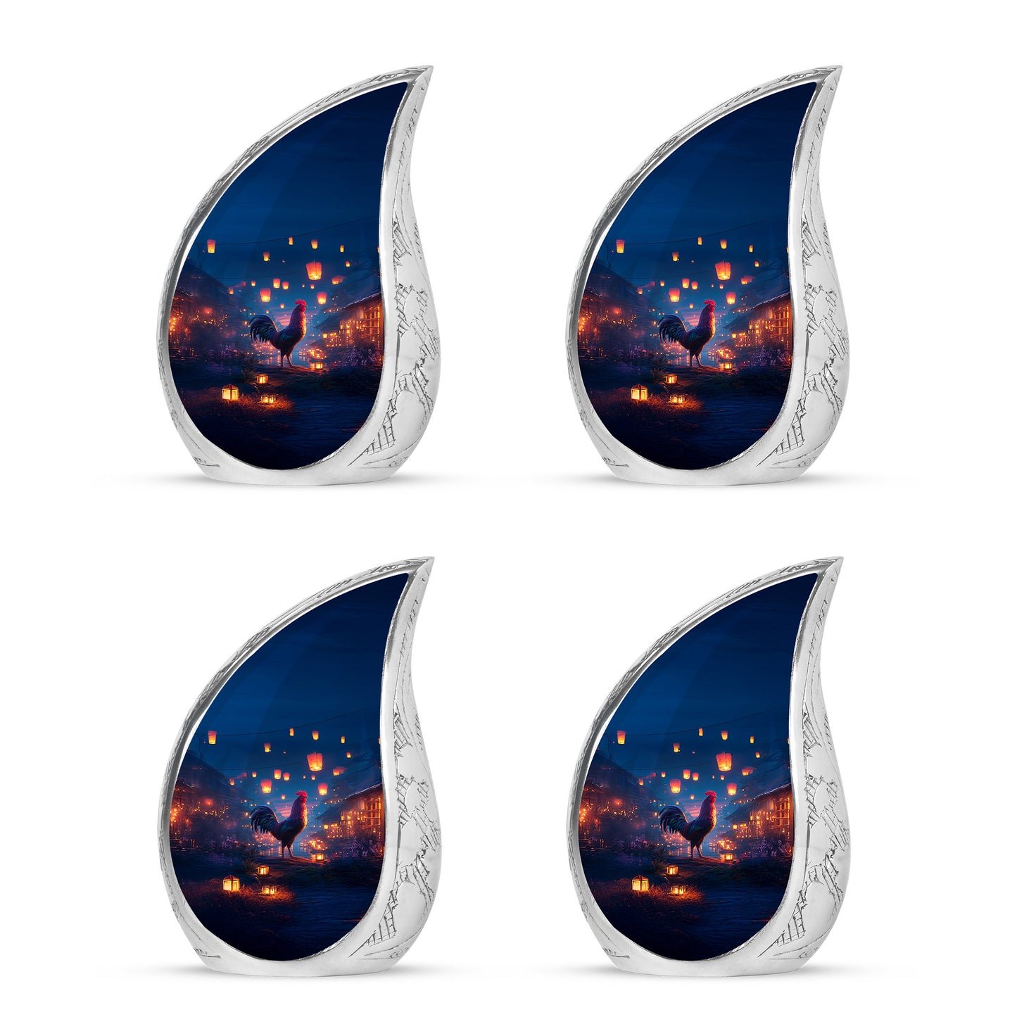 Steel Blue Hen Cremation Urn close-up of engraving and surface detail - smooth teardrop contour featuring hen art - 10 inch aluminum urn for cremated remains