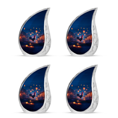 Steel Blue Hen Cremation Urn close-up of engraving and surface detail - smooth teardrop contour featuring hen art - 10 inch aluminum urn for cremated remains