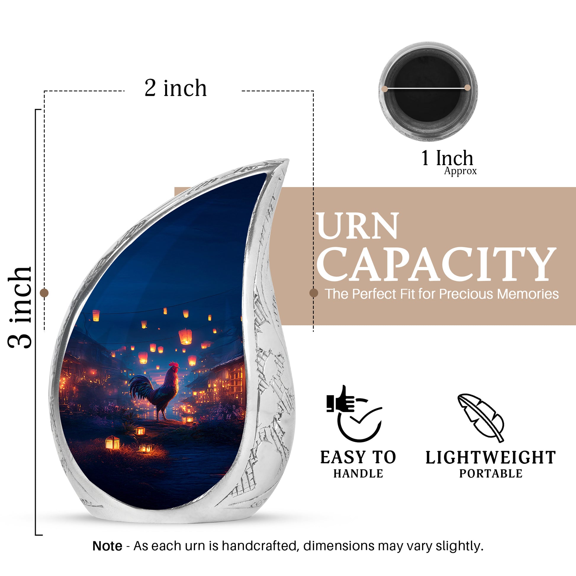 Soft Blue Hen Cremation Urn angled view of lid and engraved motif - smooth teardrop contour featuring hen art - mini keepsake memorial for portion of cremation ashes
